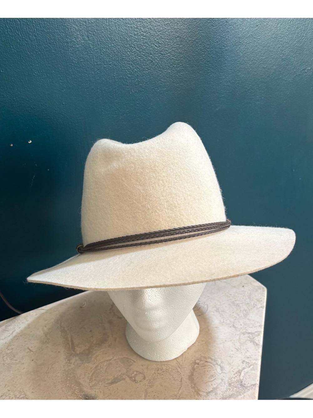 House of Harlow 1960 Cream Wool Felt Wide-Brim Fedora with Brown Braided Band